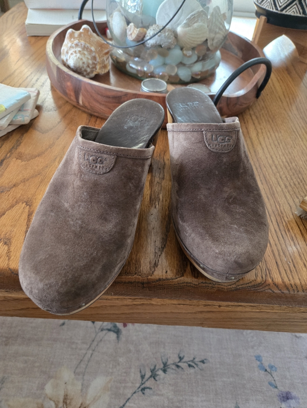 UGG Womens Brown Suede Slip-On Clog Mules